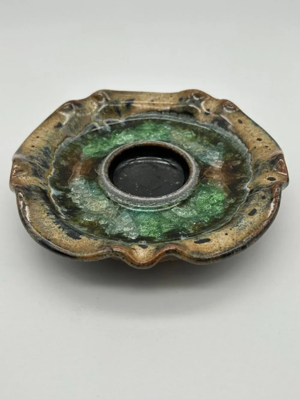 Pottery Fused Crushed Glass Votive Candle Light Holder Green & Brown Speckled